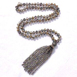 Long Beaded Tassel Necklace Faceted ABS Glass Beads Smoke Gray crystal pave 36"